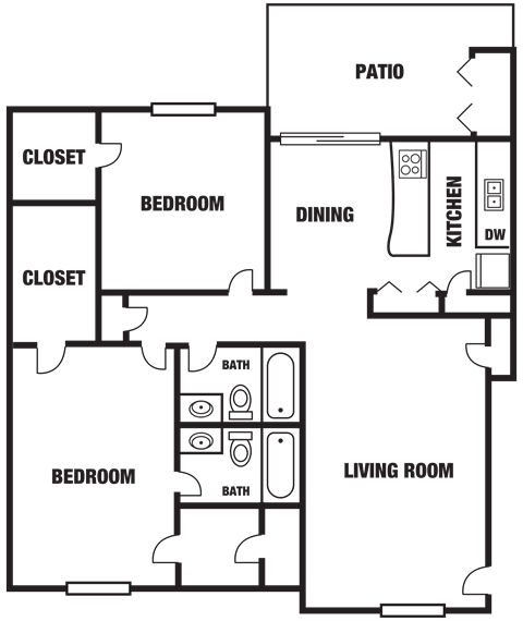 Floor plan for 2 beds, 2 baths, 1072 sqft